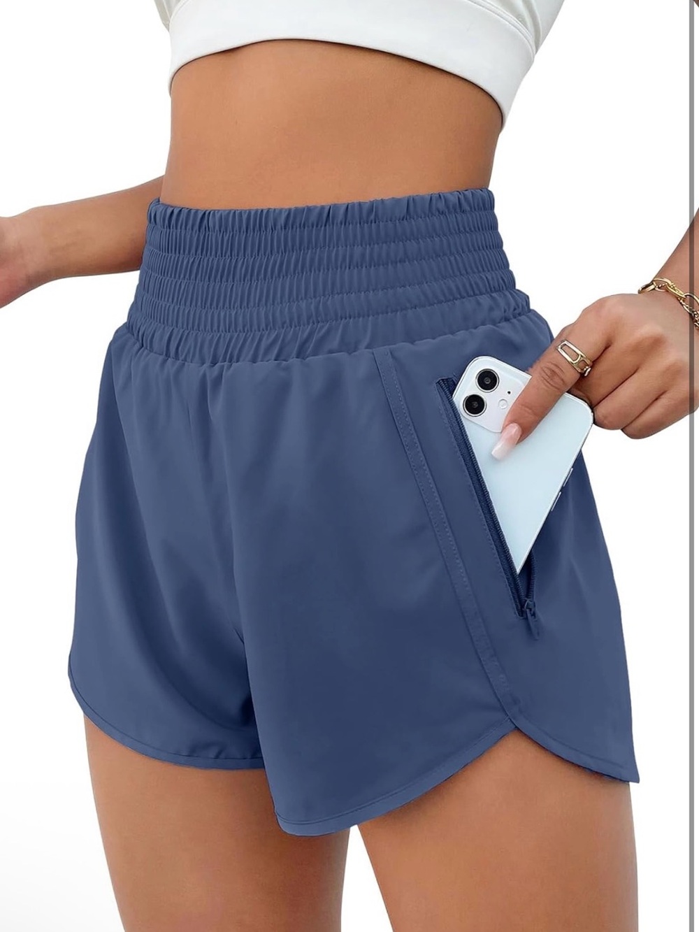 Amazon High-Waist Blue Athletic Shorts with Zipper Pocket